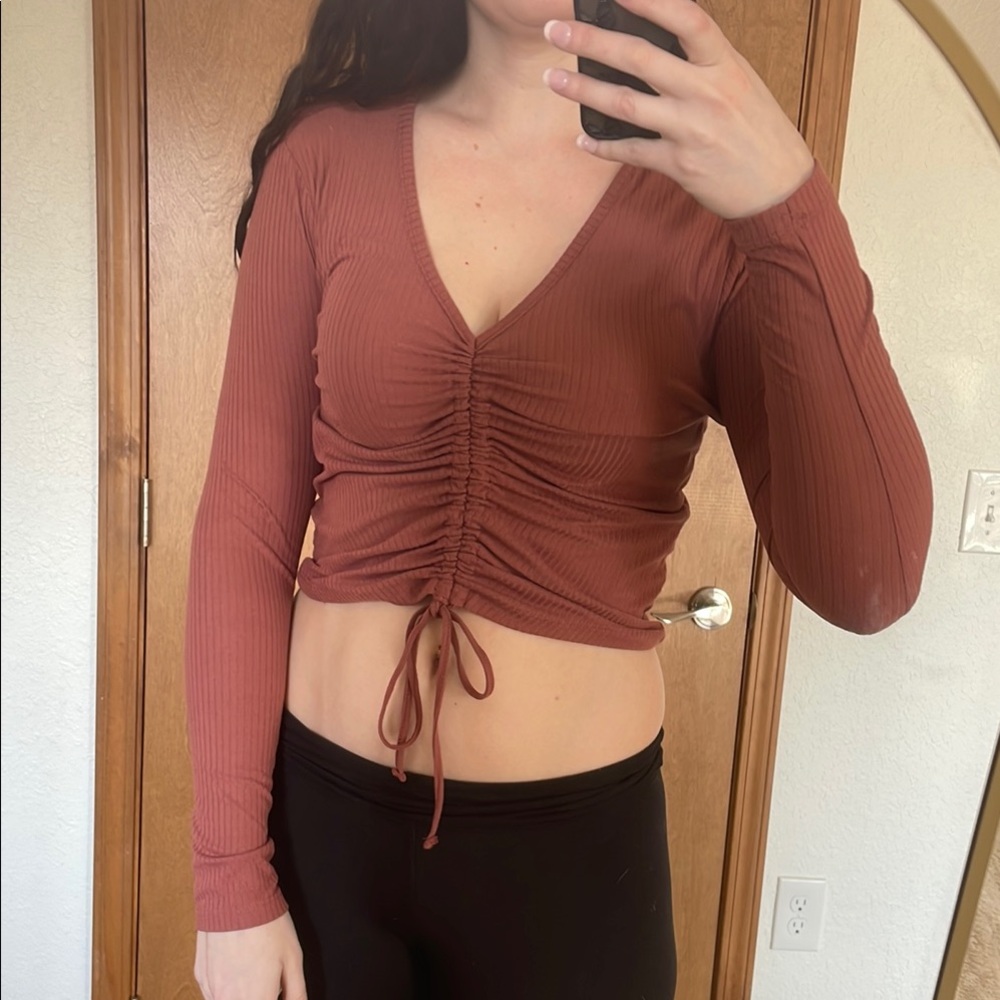 Hot Kiss Brown Ruched Crop Blouse with Long Sleeves